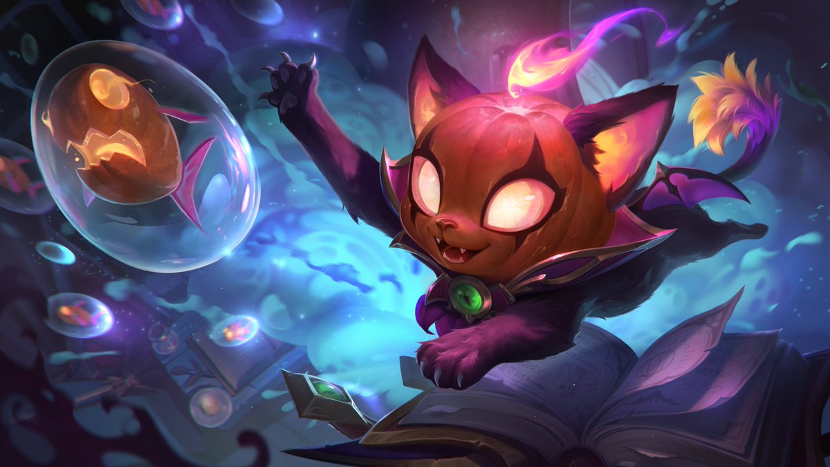 LeagueOfLegends's tweet photo. There's something magical about these splashes! 🪄

Bewitching Yuumi, Fiora, Nami, Poppy, and Syndra!🎃 https://t.co/DN262WKoAC