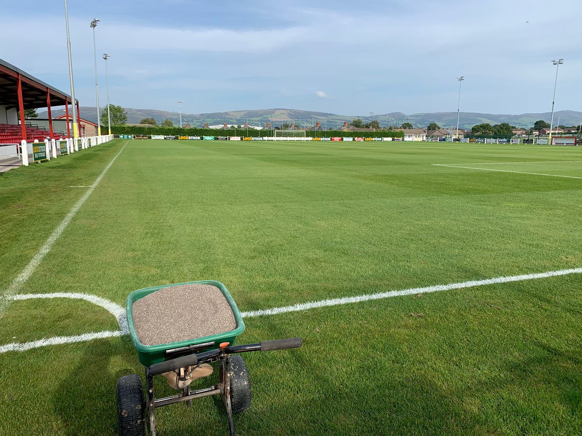 360GroundCare's tweet photo. The dream team of @Jordan_Wynne95 and @DafEvz carrying out a bit of light maintenance @DenbighTownFC today. Verti drain aeration, Cut and Verti Cut, Granular Fertiliser applied, Marked out and a little drink to finish off #football #fertiliser #aeration. https://t.co/gZKgFjieqP