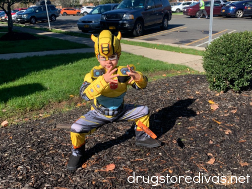 A boy in a Transformers Halloween costume.