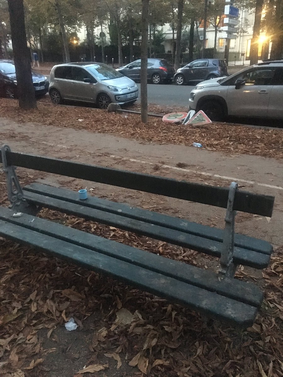 Ce petit moment #saccageparis un poteau à terre, un pot de yaourt sur un banc dégueulasse, des tonnes de feuilles d’arbre qui ne sont plus ramassées et quelques déchets pour finir le tableau. Merci à tous ceux (nombreux) qui ne font plus leur travail.