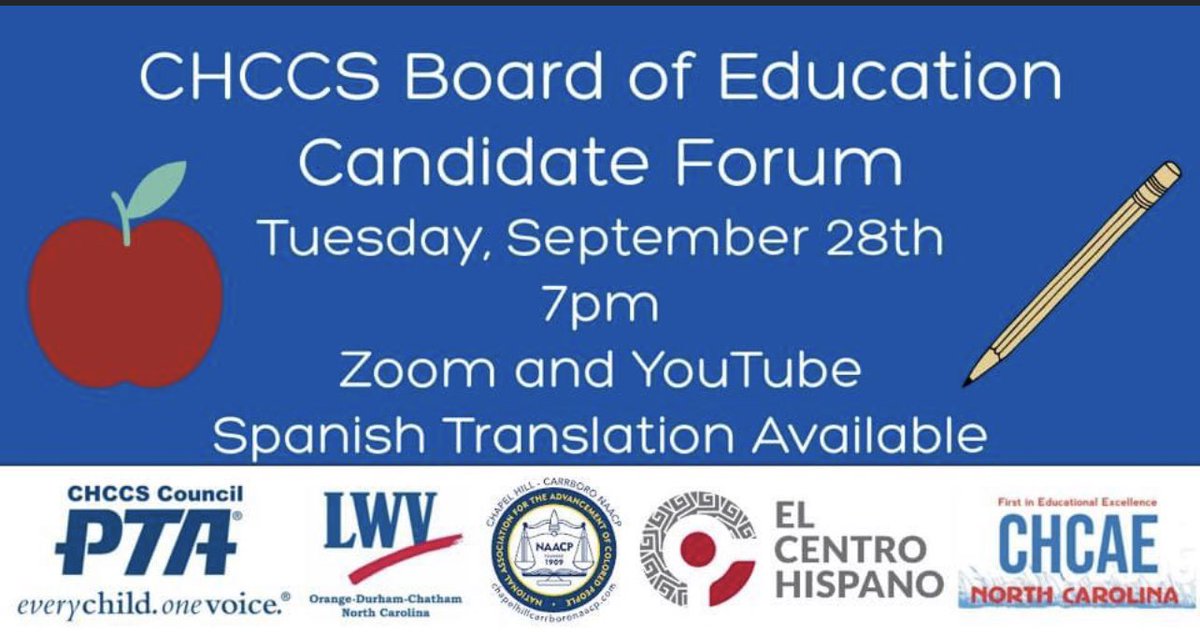 Meet the 6 candidates running for 3 open seats at the CHCCS Board of Education Candidates Forum Tues 9/28 @ 7pm. <a href="/chccs/">Chapel Hill-Carrboro City Schools</a> <a href="/CHCNAACP/">Chapel Hill - Carrboro NAACP</a> <a href="/CentroHispanoNC/">El Centro Hispano</a> <a href="/LWV_ODC/">LWV_ODC</a> <a href="/ncae/">North Carolina Association of Educators</a>