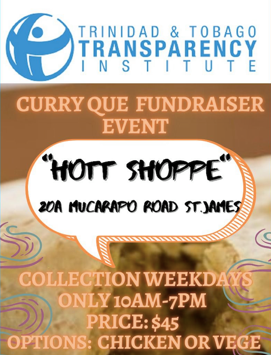 TTTransparency's tweet image. Trinidad and Tobago Transparency Institute (TTTI)   Curry Que fundraiser is on!
Tickets cost $45 and can be ordered by emailing admin@transparency.org.tt or calling 626-5756/0988.
Support welcome!