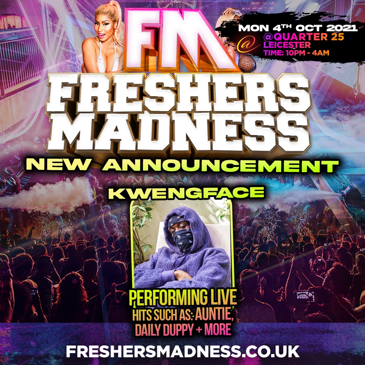 #FreshersMadness
💥💥BIG ANNOUNCEMENT 💥💥
SURPRISE PERFORMANCE BY ODEAL 🤫🎉

PERFORMANCE BY KWENGFACE📷

SUPER EARLY BIRDS SOLD OUT ❌
EARLY BIRDS PHASE 2 SOLD OUT❌
LAST 50 STANDARD TICKETS LEFT⚠️🏃🏾‍♂️💨

ALL COACH *(PARTY BUS)* TICKETS RUNNING LOW ‼️✅🚌

FreshersMadness.co.uk
