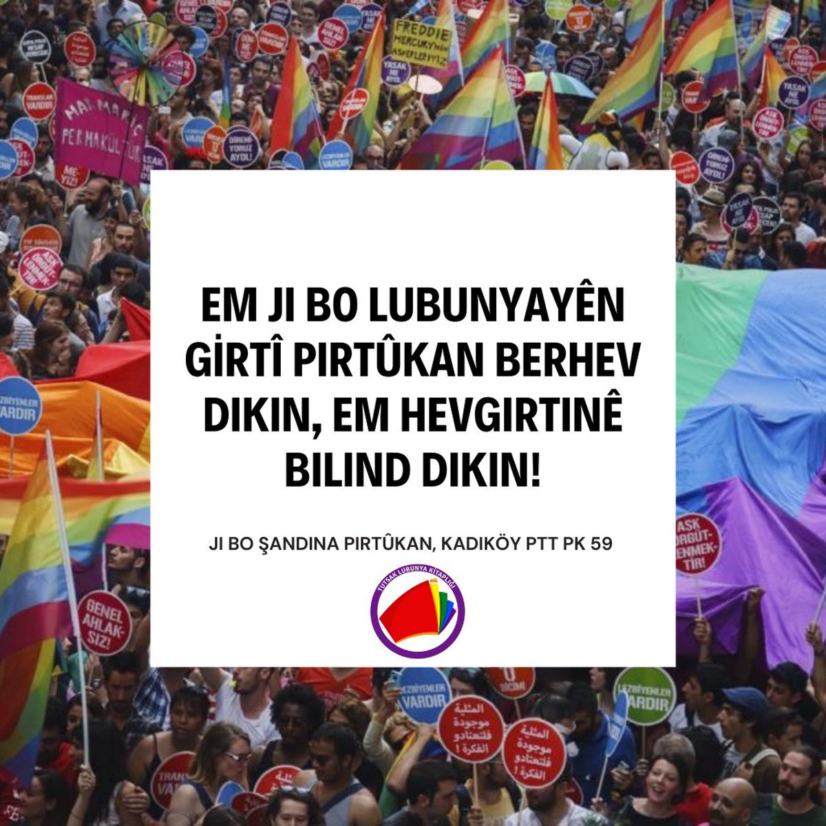 Ji bo lubunyayên girtî re pirtûkan bişînin, tev li hevgirtinê bibin. Hûn dikarin pirtûkên xwe, di serî de pirtûkên kuir û femînîst, bi qasî ku hûn bixwazin bişînin navnîşana di wêneyê de. Ji bo jiyanê kê azad hevgirtinê bilind bike 📚🌈
