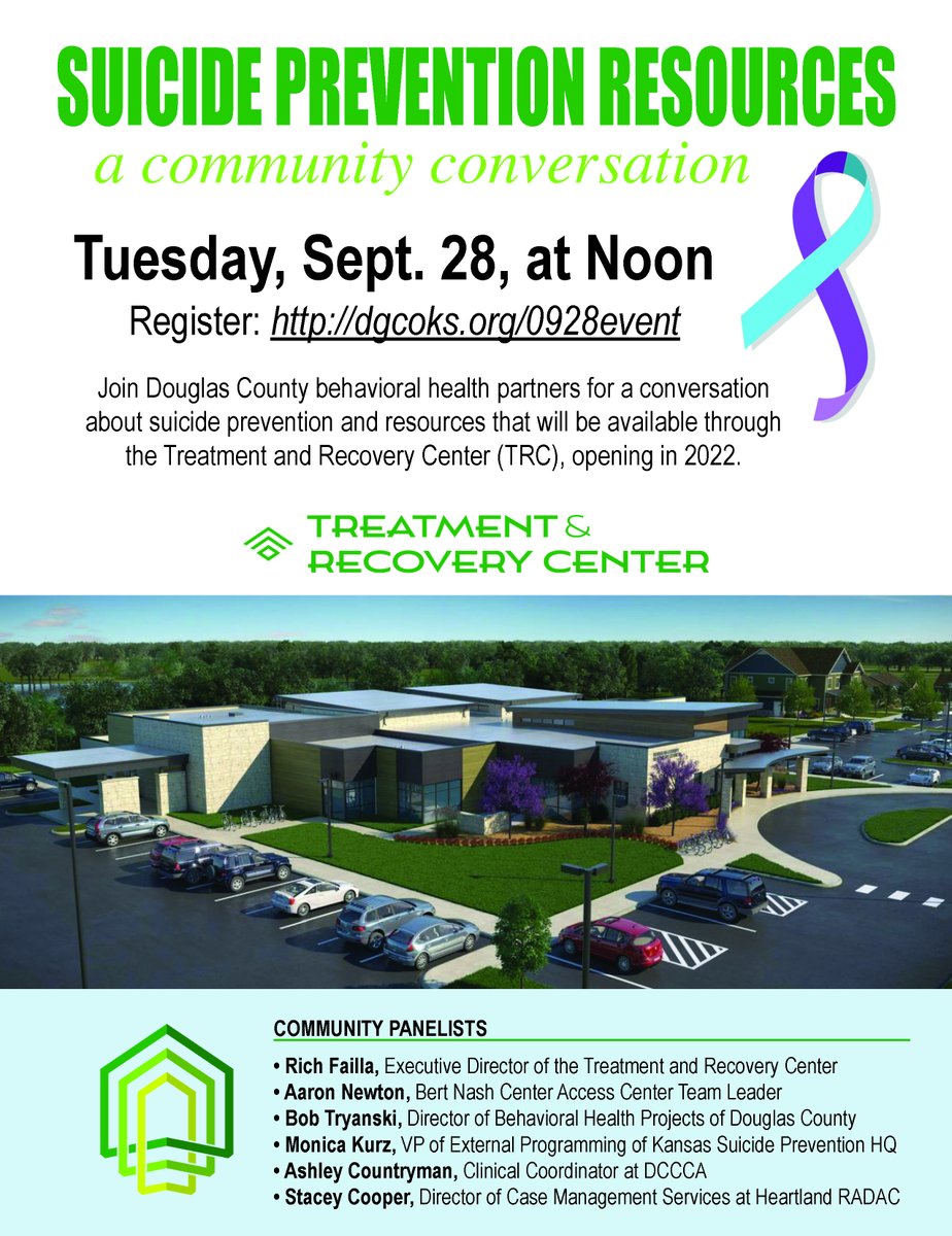 Join Douglas County behavioral health partners at noon Sept. 28 for a conversation about suicide prevention and resources that will be available through the new Treatment and Recovery Center. To register: dgcoks.org/0928event
@bertnashcenter <a href="/lmhorg/">LMH Health</a> @ksphq <a href="/DCCCAInc/">DCCCA</a>