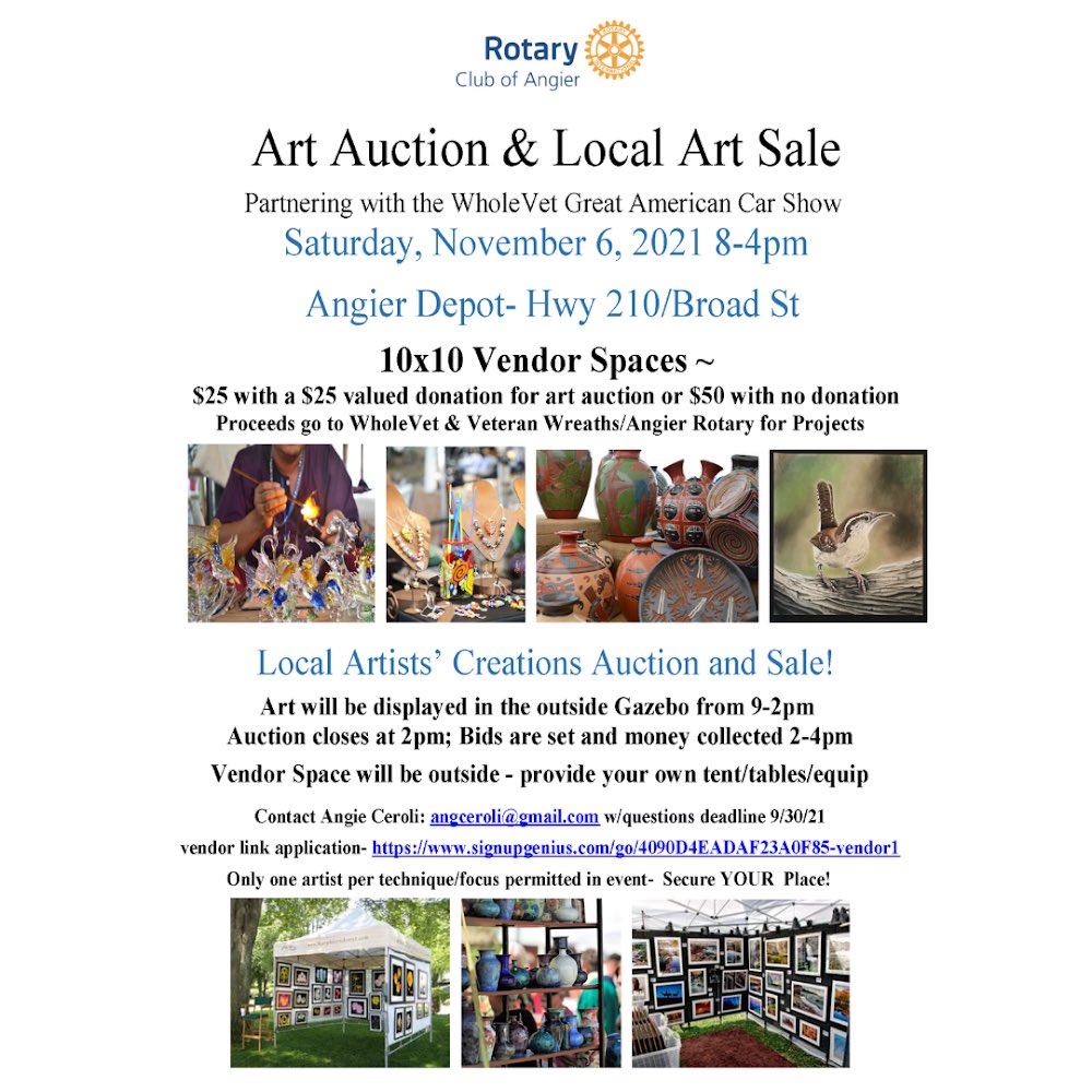 FVArts's tweet photo. Angrier Rotary Club is looking for local artists for an art auction and art sale during the WholeVet Great American Car Show on 11/6. Contact Angie Ceroli with questions. Registration Deadline: 9/30 https://t.co/NEksBvwVle https://t.co/ff2nhcRhU8