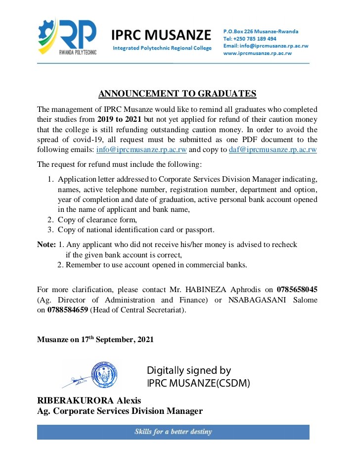 RP-IPRC Musanze on X: To our graduates who completed their studies from  2019-2021: We're still refunding the caution money, you can apply for  refund if you have not applied yet.  /