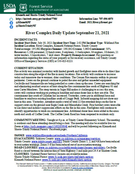 Klamath_NF's tweet photo. #RiverComplex Update September 21, 2021
Total acreage: 195,982 Haypress/Summer: 190,042 Cronan: 5,940 Containment: 50% 
Community Meeting tonight at 6 p.m. at Trinity Center Elementary School and live via Zoom at https://t.co/gtsPAPPCRz 
#rivercomplex2021  #fireseason2021 https://t.co/cFUX0Zf3sU