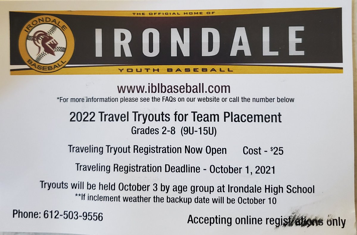 Just a reminder that there are 9 days left to register for tryouts for Summer '22 Team Placement for traveling baseball.  If you live in (or attend school in) the Irondale part of the district make sure to register.