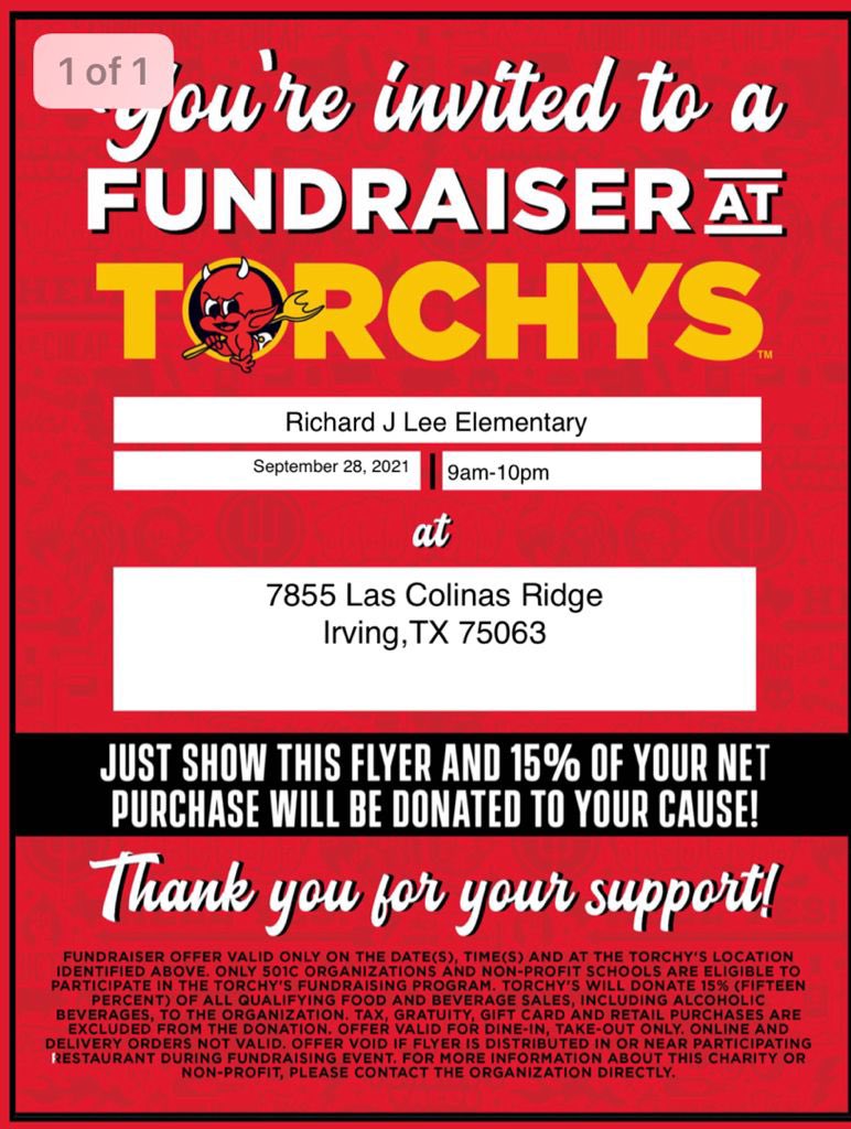 Good morning FamiLEEs!! Check out our upcoming spirit night next Tuesday September 28th at TORCHY’S!! Grab your family/friends/coworkers &amp; head over to pick up lunch or dinner. All you have to do is show them this flyer and 15% of your purchase will be donated to our school!