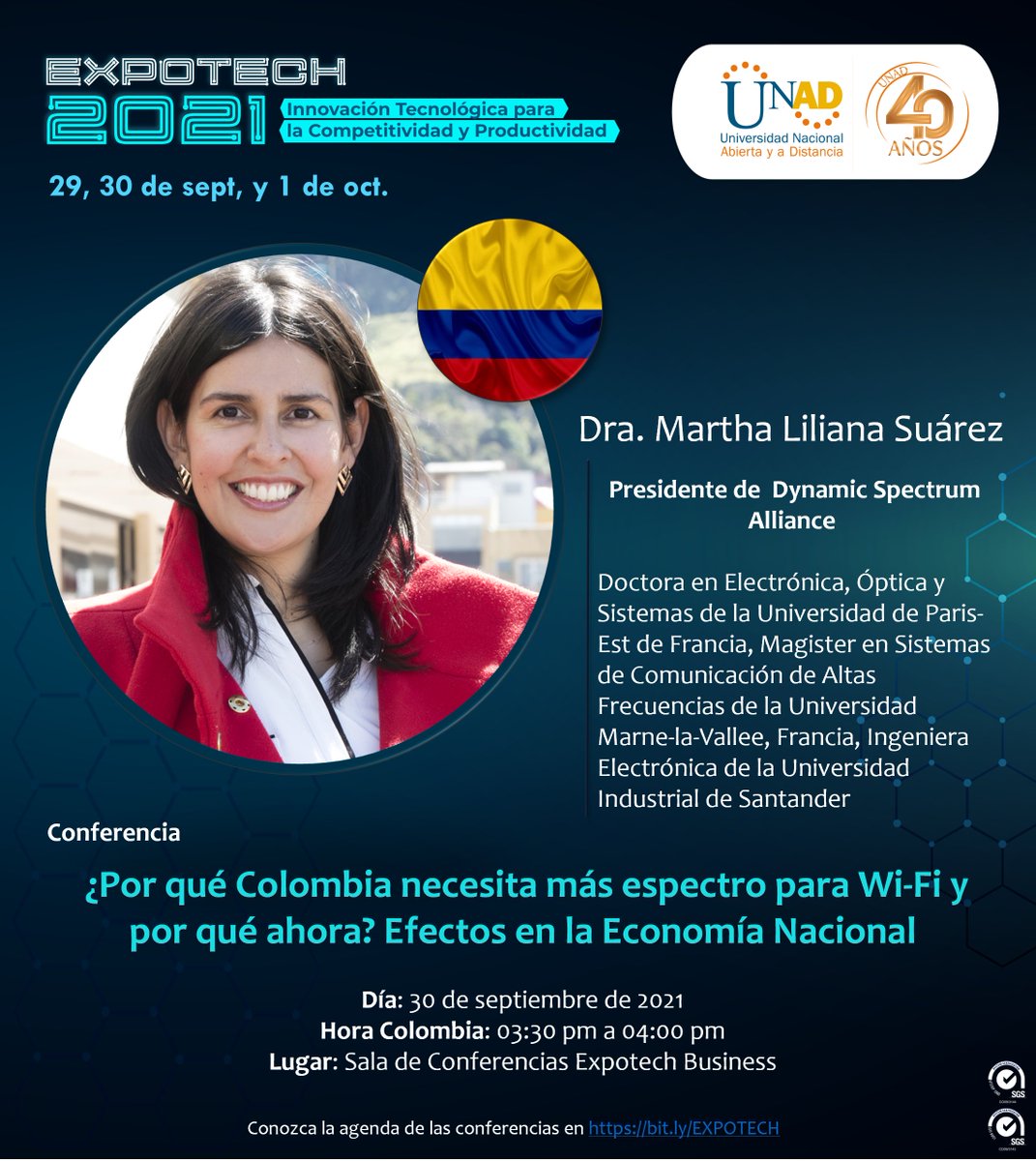 En #Expotech_2021 escucharemos a la Doctora Martha Liliana Suárez quien nos hablará sobre el espectro para Wi-fi y su relevancia actual 🚊 No te lo pierdas! 📢📢 Estamos en inscripciones hasta el 24 de septiembre. 
Informaicón: bit.ly/2Z9se3w