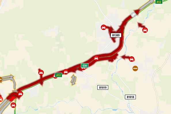 A12 Londonbound – BLOCKED near J20 (Hatfield Peverel/B1137) following an accident involving two cars and a motorcycle. Traffic is slow moving.