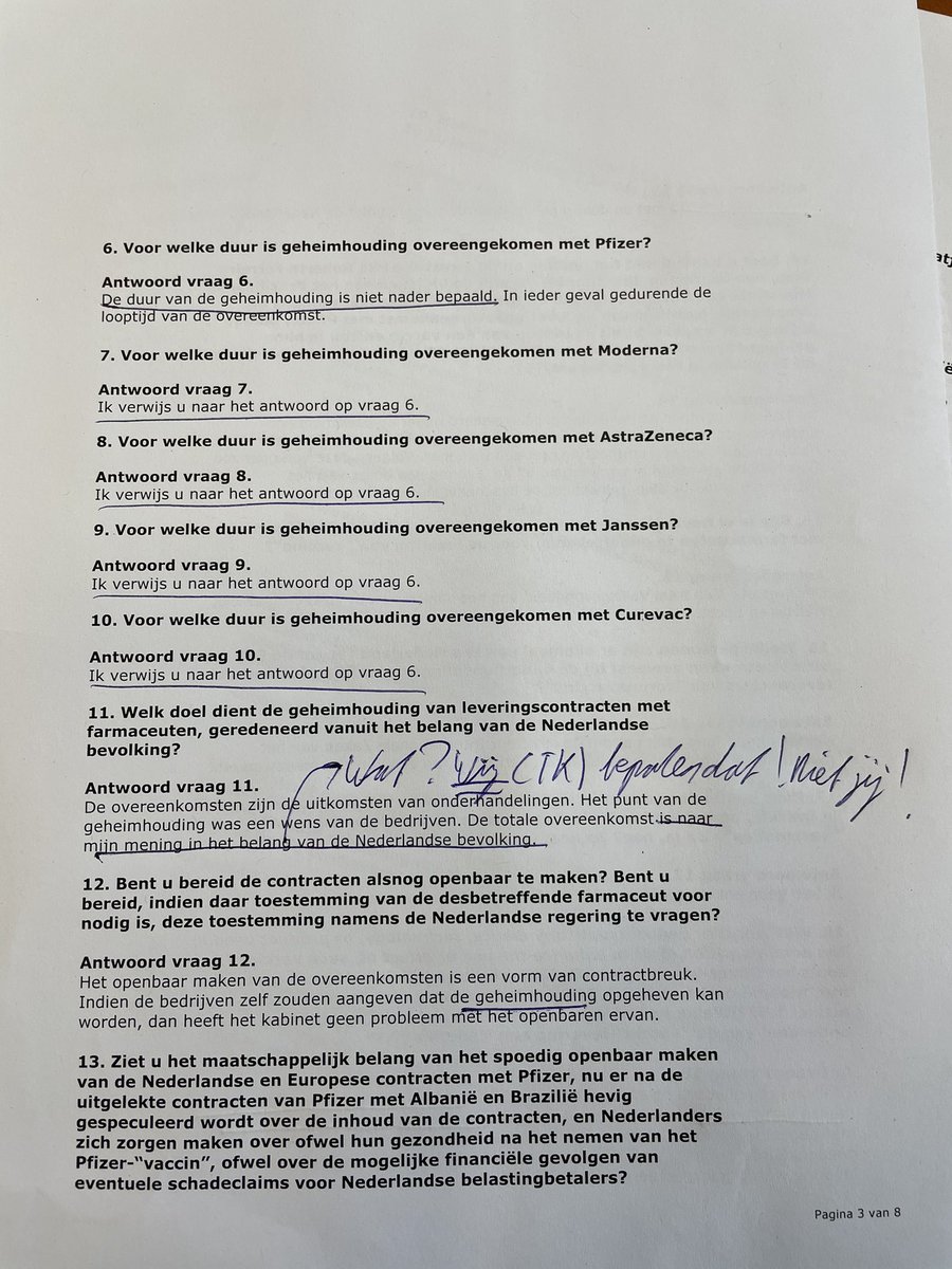 PvanHouwelingen's tweet image. ONGELOFELIJK! Zojuist onze “antwoorden” ontvangen op de 33 vragen die we hebben gesteld over de gelekte Pfizer contracten. Vrijwel GEEN ENKELE vraag is beantwoord! Minister WEIGERT inhoudelijk te reageren, doet beroep op “geheimhouding” of zegt “ik kan geen antwoord geven” (1/2).