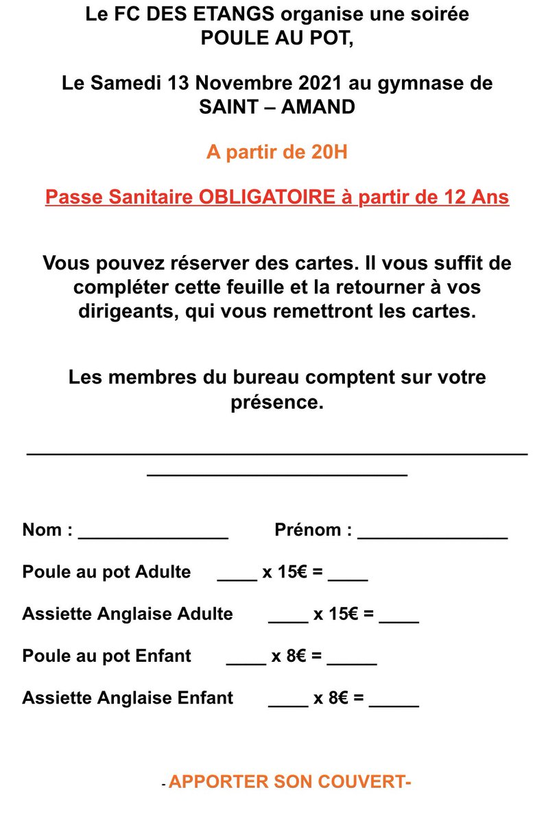FCdesEtangs's tweet photo. 🤩SOIRÉE POULE AU POT🤩

Nous vous informons que notre soirée poule au pot est de retour, nous comptons sur vous pour venir nombreux ✅ https://t.co/4wexYXKyhC