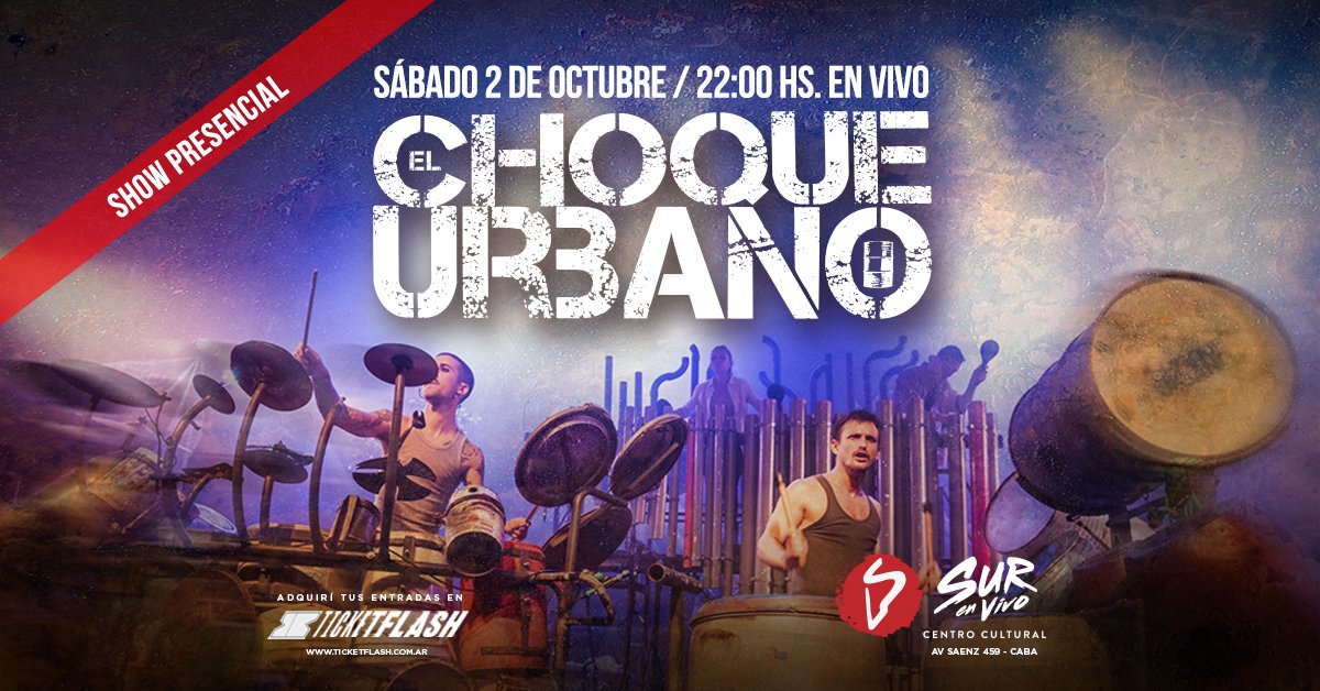🥁 <a href="/elchoqueurbano/">El Choque Urbano</a> prepara un show que tendrá escenas de distintos espectáculos y nuevas versiones de canciones inigualables
🗓 Sábado 2 de Octubre - 22 Hs
📲 Conseguí tus entradas vía ticketflash.com.ar 
🎟️Boletería: Av.Saenz 459 - Martes a viernes de 11hs a 17hs