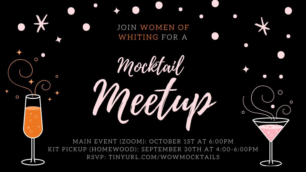 Join WoW's kick-off event! On Oct. 1st at 6PM, we'll be making mocktails and getting to know the WoW community over Zoom. The first 50 people to sign up can get a free mocktail kit from Homewood Sept. 30th between 4-6PM.
RSVP here: tinyurl.com/wowmocktails