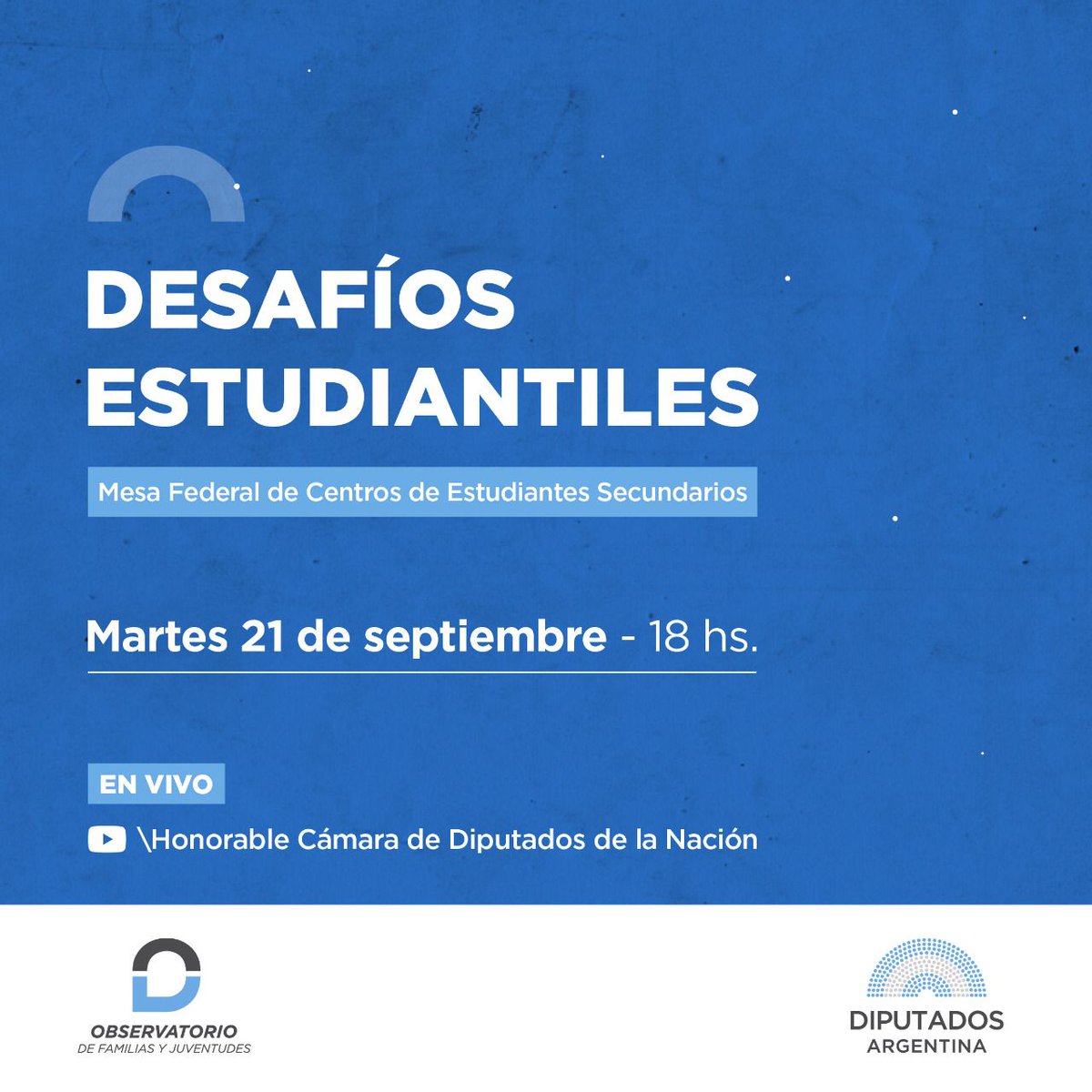 Hoy a las 18hs en vivo por la Honorable Cámara de Diputados de la Nación.
Varios de nuestrxs compañerxs tendrán el agrado de participar de este débate sobre los desafíos estudiantiles en los últimos tiempos, en conjunto con el observatorio de Familias y Juventudes. <a href="/DiputadosAR/">Diputados Argentina</a>