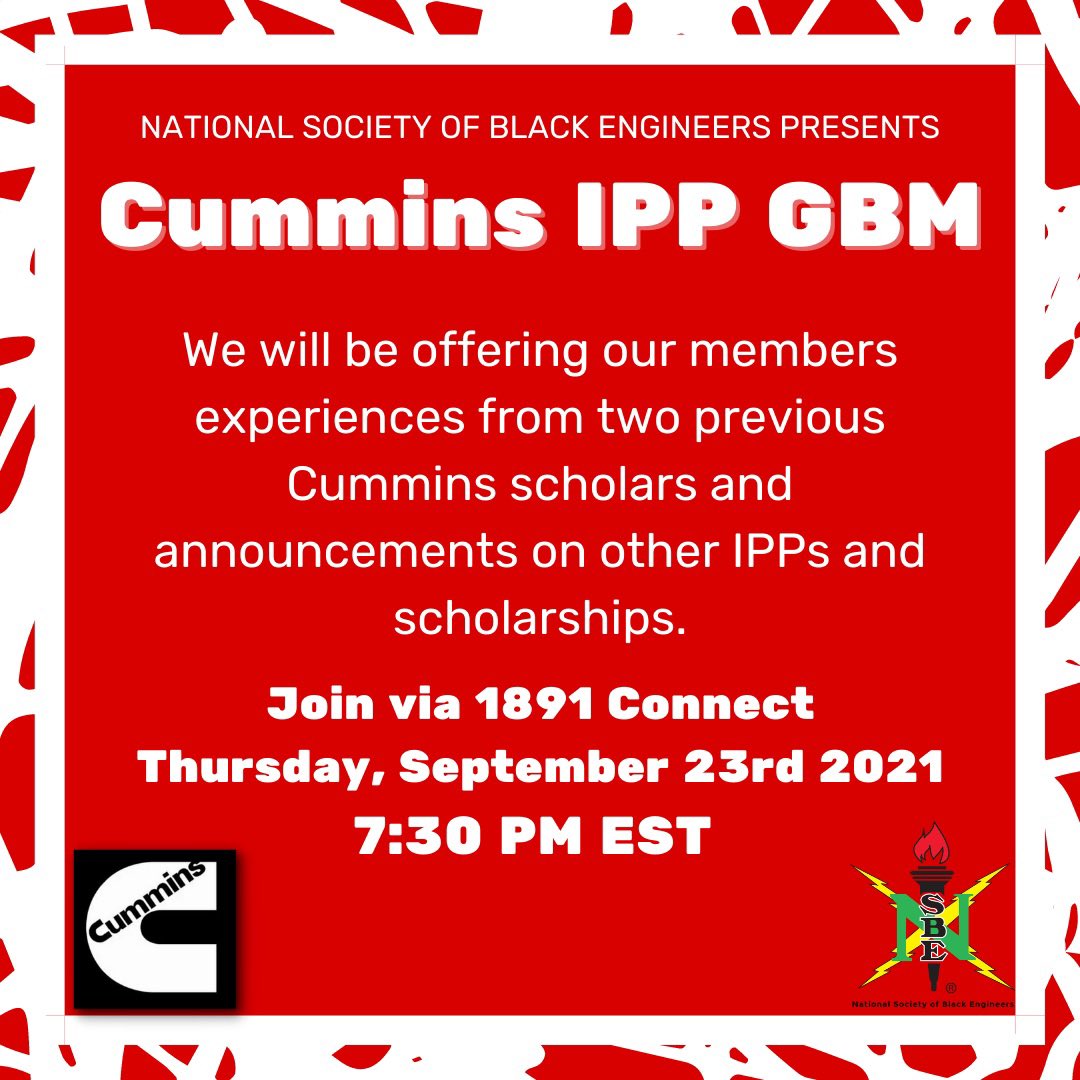 Join us September 23rd at 7:30 PM EST for our Cummins IPP General Body Meeting. We’ll be hearing from two previous Cummins scholars as well as diving into all the different announcements on other opportunities!!

Join via 1891Connect and come get some knowledge dropped on you 😉