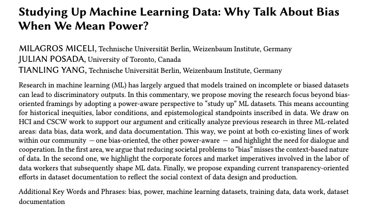 MilagrosMiceli's tweet photo. Why Talk About Bias When We Mean Power?
w/@JulianPosada0 &amp; @TianlingY💪

🚨New commentary accepted in the Proc. ACM Human-Computer Interaction!! #GROUP2022
https://t.co/lvfU3ecj3E https://t.co/mvfn7LasD8