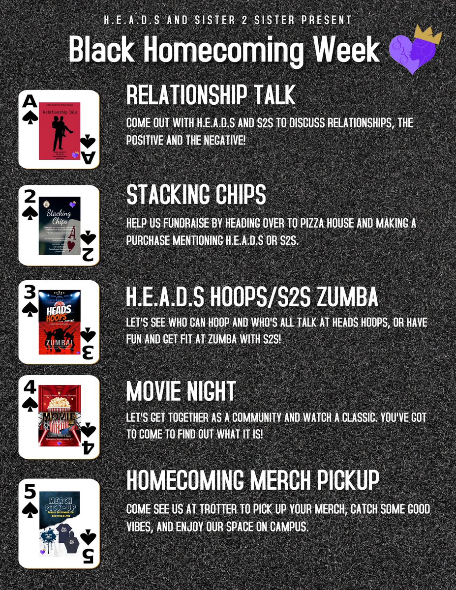 We have an event for y’all every day of the week while we count down to Black Homecoming. Let’s come together as a community and make every day a celebration!🥳🥳

More info on IG: @ S2S_UM 💜