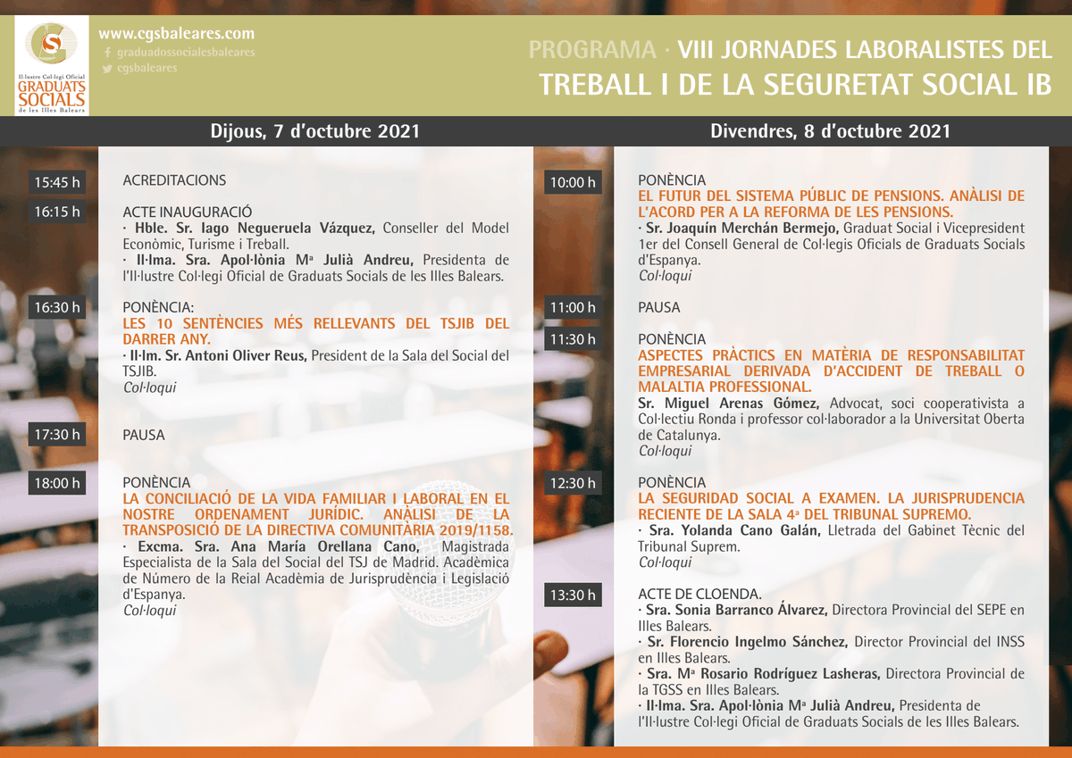 cgsbaleares's tweet photo. La Fundació i el Col·legi de Graduats Socials de Balears organitzen les VIII Jornades Laboralistes, en format presencial sota el títol "Dret del Treball i Seguretat Social" que tindran lloc els dies 07 i 08 d'octubre. Apunta't https://t.co/E8KmR8czKM #graduatsocials https://t.co/YNGIndD8dk