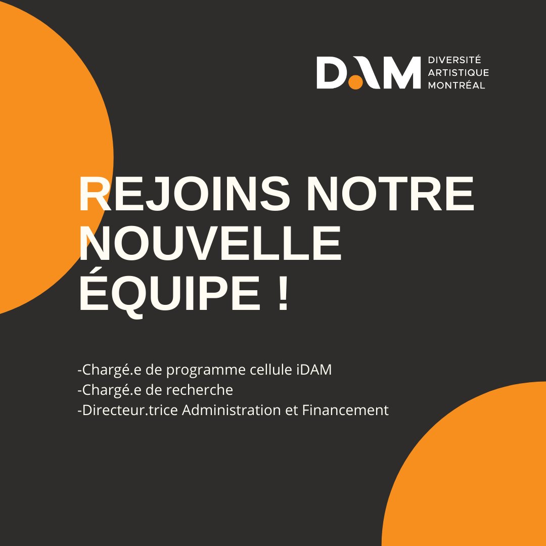 #travaillerensemble chez DAM. Nous avons besoin de #diversité.  4 Octobre pour postuler. 
CHARGÉ⋅E DE PROGRAMME – CELLULE iDAM:
bit.ly/3gjknWK
 CHARGÉ⋅E DE RECHERCHE
bit.ly/3854vme
DIRECTEUR⋅TRICE DE L’ADMINISTRATION ET DU FINANCEMENT
bit.ly/3B1f4Dg