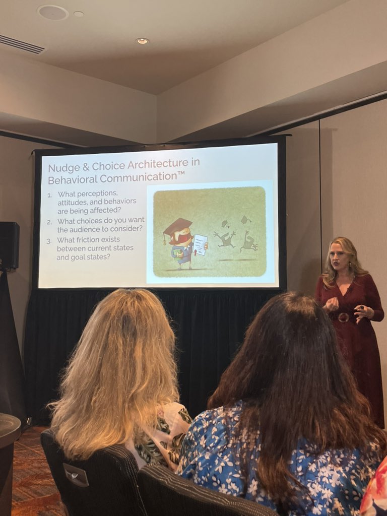 Counselors Academy (@caprsa) on Twitter photo Nudge & choice architecture in behavioral #communication:
1) What perceptions, attitudes & behaviors are being affected?
2) What choices do you want the audience to consider?
3) What friction currently exists?
<a href="/PR_Virtuoso/">Elizabeth Edwards</a> <a href="/Behavior_Labs/">Engagement Science Lab</a> #CAPRSA21 #CAPRSA #cognitiveneuroscience Nudge & choice architecture in behavioral #communication:
1) What perceptions, attitudes & behaviors are being affected?
2) What choices do you want the audience to consider?
3) What friction currently exists?
<a href="/PR_Virtuoso/">Elizabeth Edwards</a> <a href="/Behavior_Labs/">Engagement Science Lab</a> #CAPRSA21 #CAPRSA #cognitiveneuroscience