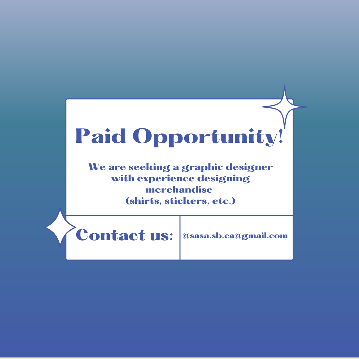 We are on the hunt for a graphic designer to help us craft some new SASA merch. 👀
This is a paid opportunity and you do not have to be a UCSB student to be considered.🌟
If interested please contact us at sasa.sb.ca@gmail.com.💌