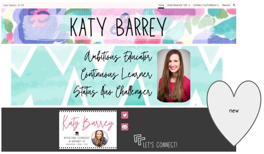 katybarrey's tweet image. Your #ePortfolio should be something you LOVE as it is a digital representation of YOU. I wasn't connecting with my homepage anymore, so it got a simple facelift and I'm loving it again! Thanks @canva for making design easy! Encourage #changeovertime 📈💌

tinyurl.com/katybarrey