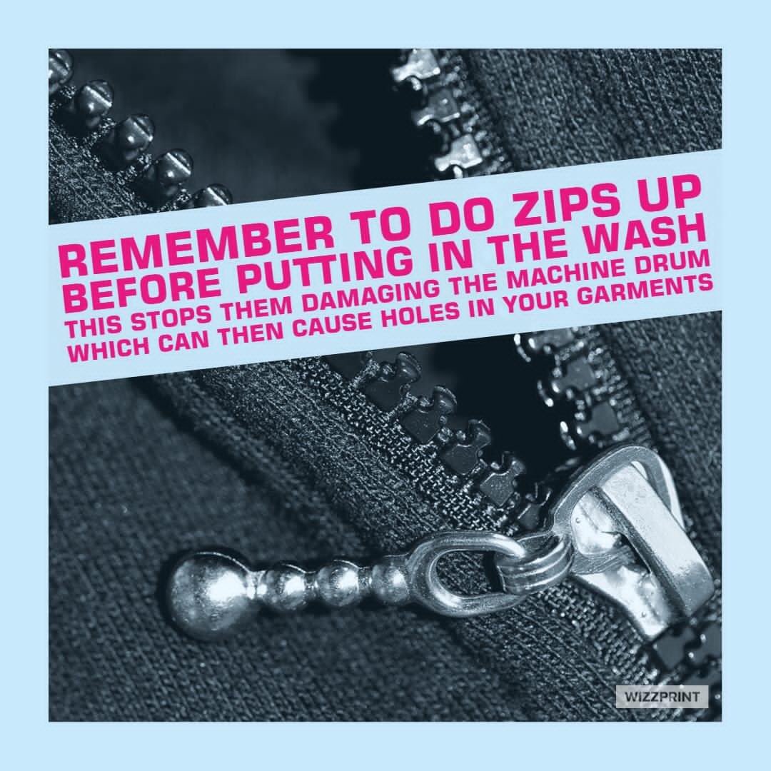 Zippers can wreak havoc in your washing machine. The zipper itself can break or damage the drum of your machine, and the metal teeth of the zipper can snag on fabric and ruin your items. To avoid this, zip up any clothing with a zipper before putting it in the washing machine.