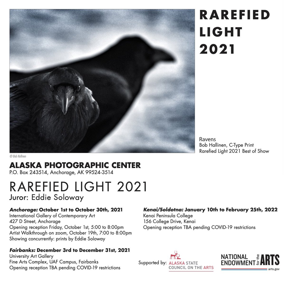 akphotocenter's tweet photo. Show cards for Rarefied Light 2021 have been mailed out across the state - we're looking forward to sharing this year's exhibition at three locations as it travels throughout the state. 
#exhibition #rarefiedlight #alaska #alaskaphotographiccenter #apc #ravens #photography #art https://t.co/r6IJYkZ7p0