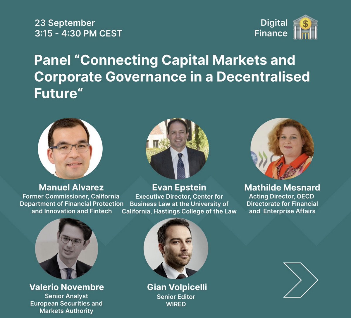 evanepstein's tweet image. Looking fwd to speak at @OECD_BizFin&apos;s Global Blockchain Policy Forum on new frontiers of #corpgov. Great panel, including @Gmvolpi, @MathildeMesnard, Manny Alvarez (former Comm&apos;r @CaliforniaDFPI) &amp;amp; Valerio Novembre (@ESMAComms). #OECDblockchain Register: oe.cd/gbpf