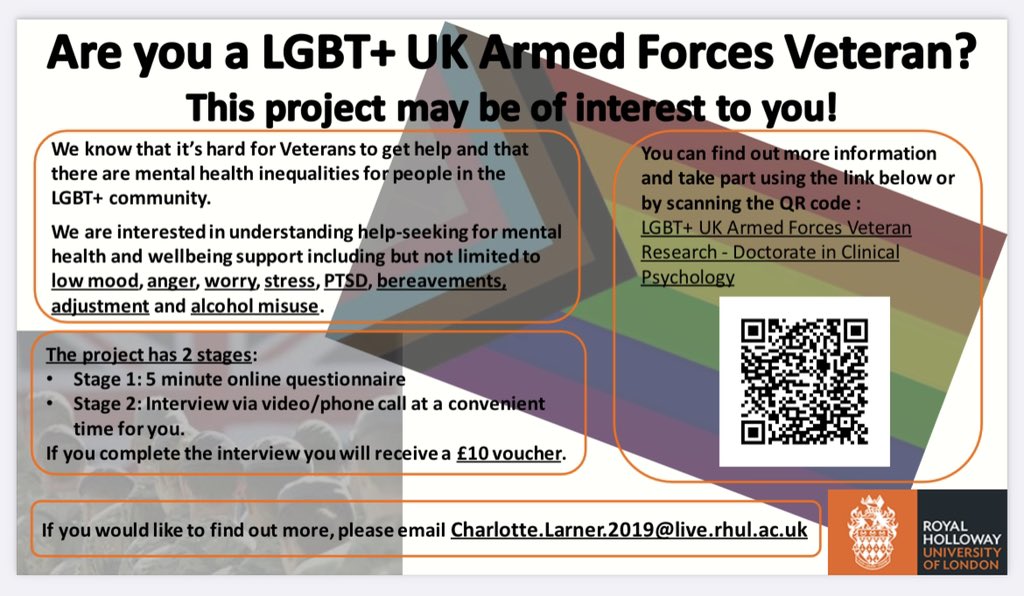LGBT+ UK Armed Forces Veterans, Charlotte Larner from <a href="/RoyalHolloway/">Royal Holloway</a> is looking to speak to you! 👇🏻