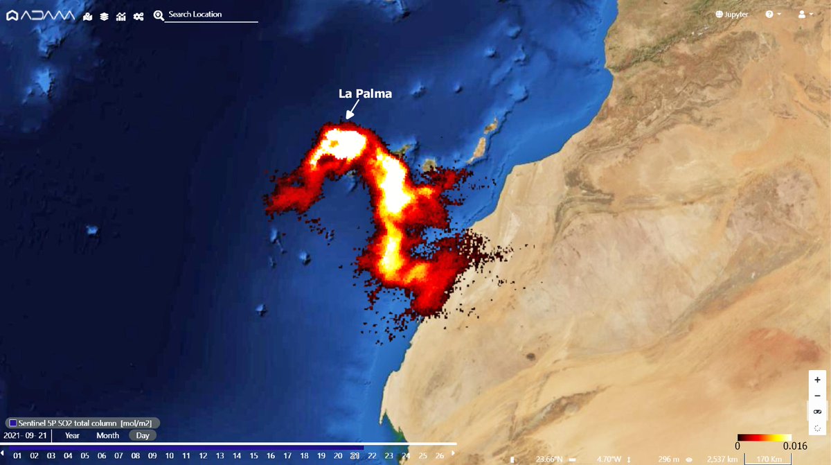 Sulphur dioxide emissions of the #CumbreVieja #LaPalma's eruption update. Here the transport of SO2 detected today Sep. 21 by #Copernicus #Sentinel5p. The plume has reached #Africa currently with low values. #LaPalmaeruption #Canarias #VolcanLaPalma #VigilanciaLaPalma #Airquality
