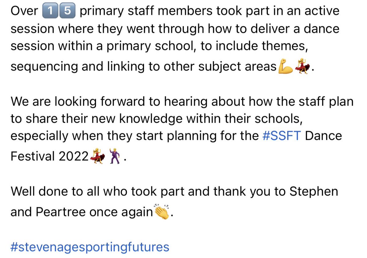 stevenageSFT's tweet photo. โผ๏ธ๐DANCE CPD FOR #SSFT PARTNERSHIP PRIMARY SCHOOLS๐บโผ๏ธ
This afternoon, @stevenageSFT hosted a Dance CPD session led by Stephen Sapsed. A huge thanks must go to Stephen for sharing his expertise - his enthusiasm was immense! Thanks must also go to @PeartreeSpring for hosting๐๐ค https://t.co/uM2ZIcrsr2