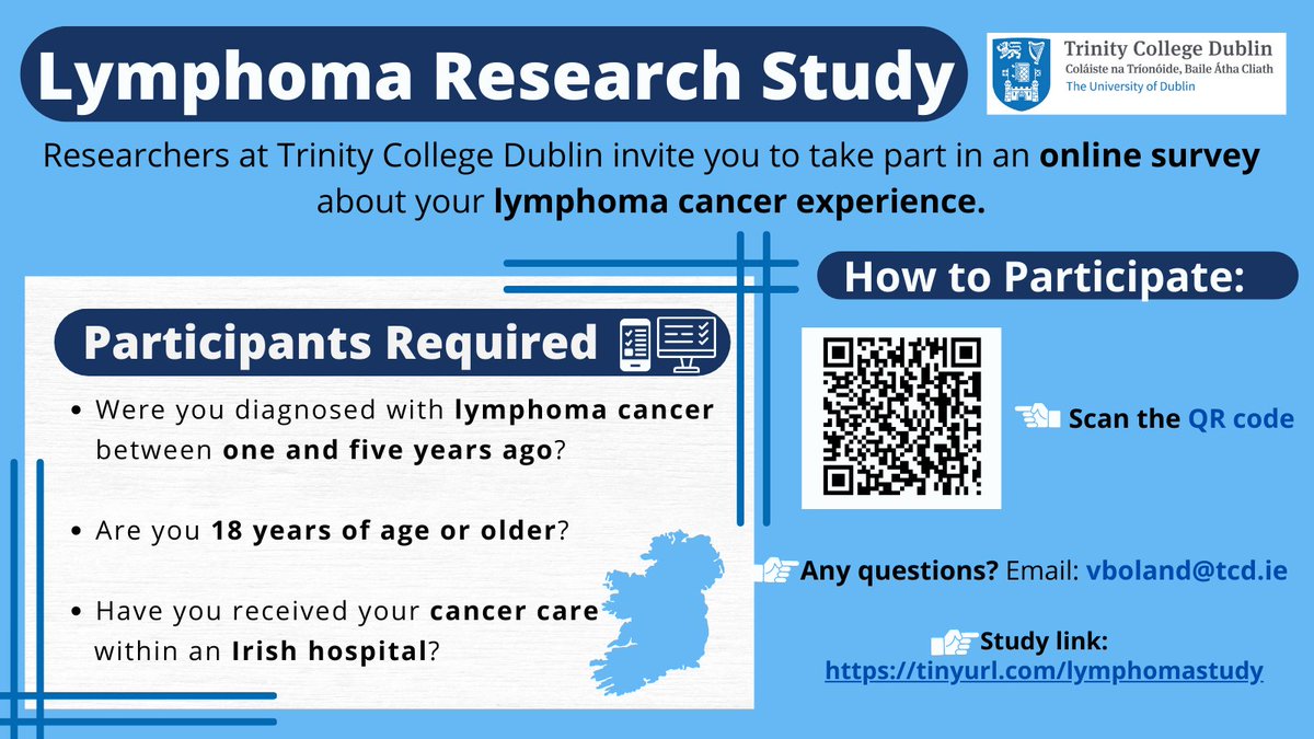 V Boland (@vanessaboland) on Twitter photo Lymphoma Research Study – Call for Participants
Nurse researchers at Trinity College Dublin are looking for individuals diagnosed with lymphoma cancer in Ireland to take part in an online survey.
Link:
nursingandmidwifery.fra1.qualtrics.com/jfe/form/SV_8o…
<a href="/TCD_SNM/">School of Nursing & Midwifery, TCD</a> <a href="/TCPHI_TCD/">TCPHI</a> <a href="/abrady4/">Anne-Marie Brady</a> <a href="/druryal/">Amanda Drury</a>
More info👇 Lymphoma Research Study – Call for Participants
Nurse researchers at Trinity College Dublin are looking for individuals diagnosed with lymphoma cancer in Ireland to take part in an online survey.
Link:
nursingandmidwifery.fra1.qualtrics.com/jfe/form/SV_8o…
<a href="/TCD_SNM/">School of Nursing & Midwifery, TCD</a> <a href="/TCPHI_TCD/">TCPHI</a> <a href="/abrady4/">Anne-Marie Brady</a> <a href="/druryal/">Amanda Drury</a>
More info👇