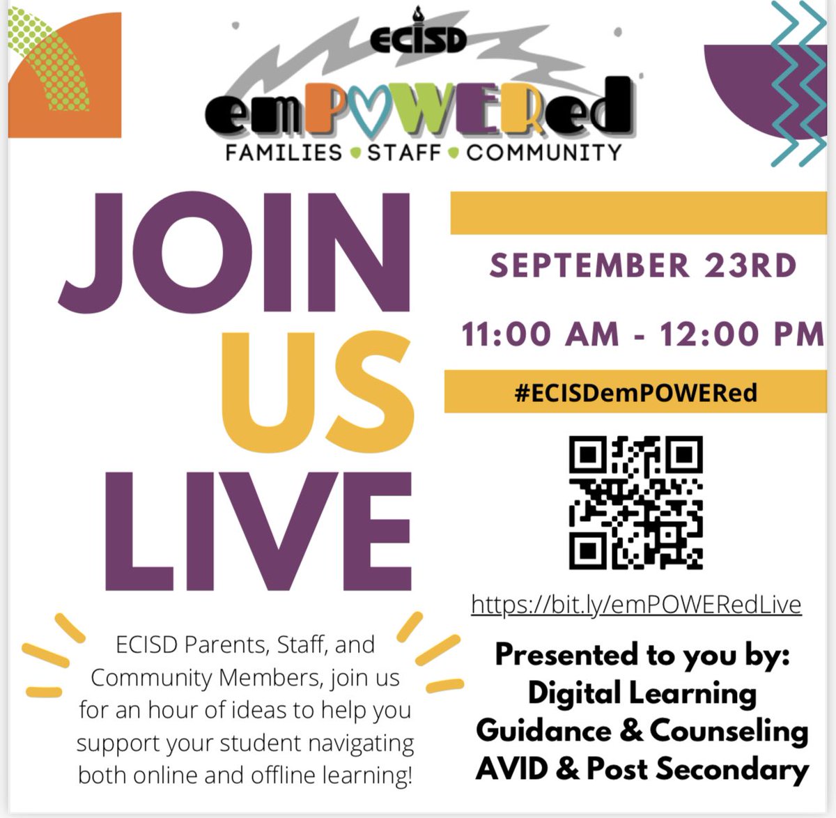 We are so excited to share this brand new opportunity to learn with and connect with our ECISD Parents, Families &amp; Community…join us on Thursday at 11 am! For more info, visit bit.ly/ECISDempowered 

Please register to receive the session link! See y’all then! #ECISDemPOWERed