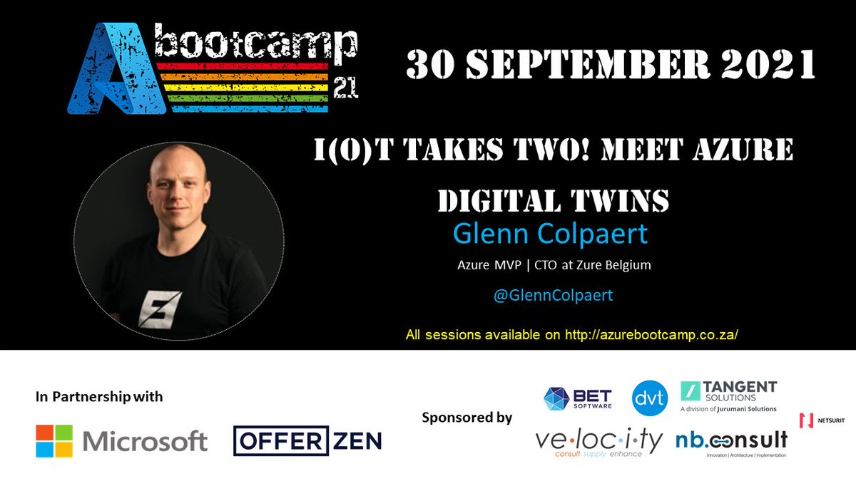 Join <a href="/GlennColpaert/">Glenn Colpaert</a> for "I(o)T takes two! Meet Azure Digital Twins" at this year's #AzureBootcampSouthAfrica on the 30th of September @msdevsa <a href="/microsoftsa/">Microsoft SA</a>   azurebootcamp.co.za