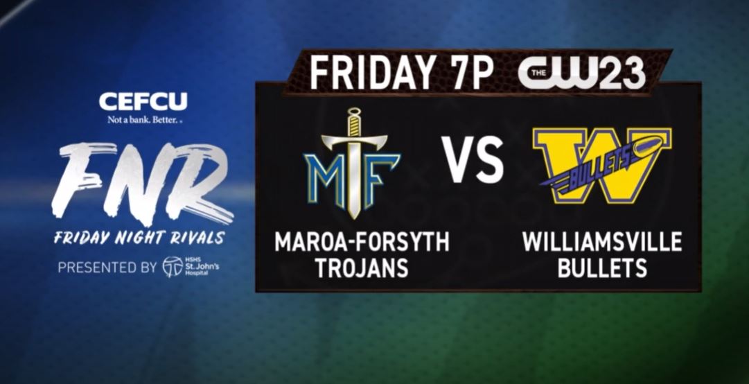 Our next #FridayNightRivals Game of the Week starts at 7 p.m. Friday!

Maroa-Forsyth takes on Williamsville.   

#fnril cw23tv.com/sports/friday-…
