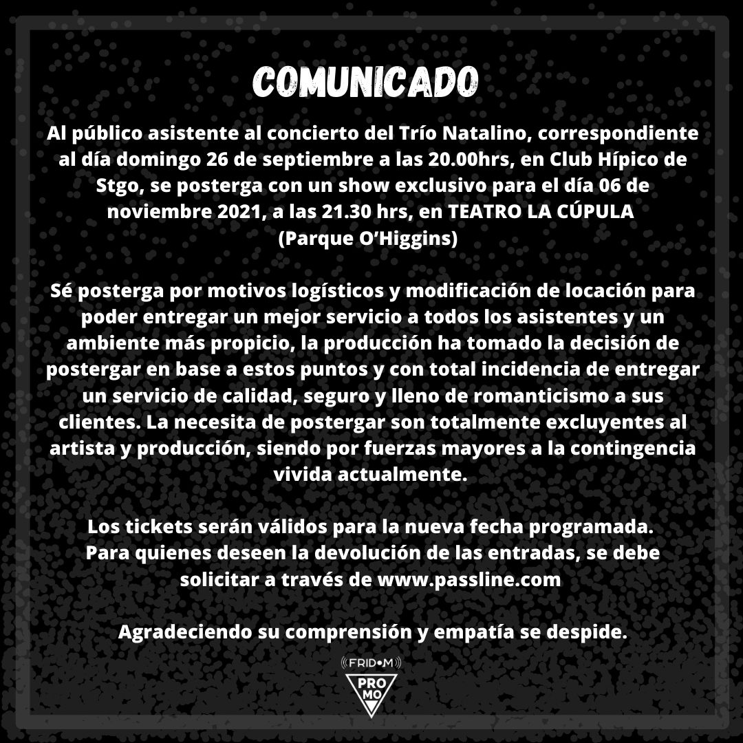 Sentimos comunicarles que el dia de hoy, la producción a cargo de este evento ha resuelto el cambio de lugar y fecha para la realización de este show debido a inconvenientes surgidos con el recinto, por temas relacionados con el aforo y logística en los protocolos.