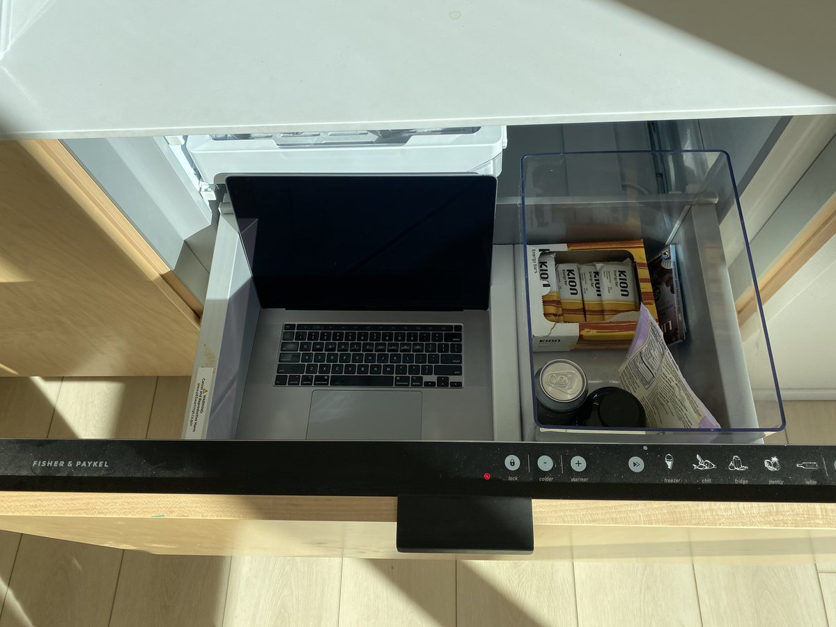devth's tweet image. It turns out my MacBook fits perfectly in my office fridge 🤔