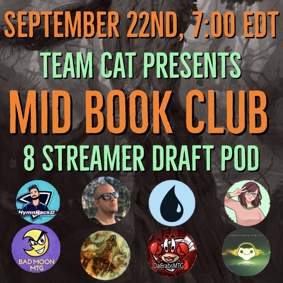 TheManaSultan's tweet photo. 🐺BOOKCLUB IS BACKKK 🐺Tomorrow @HymnRackGoMTG @Fennelly64 @isaiah_mtg @Mish413 @BadMoonMTG @Veveil @DaCrabsMTG and @dwarfking343 will TRANSFORM this DISTURBED event.... That's all I got... Follow them and tune in live 📺 #MTGDraft #MTGArena https://t.co/vmfZdIU6Xr