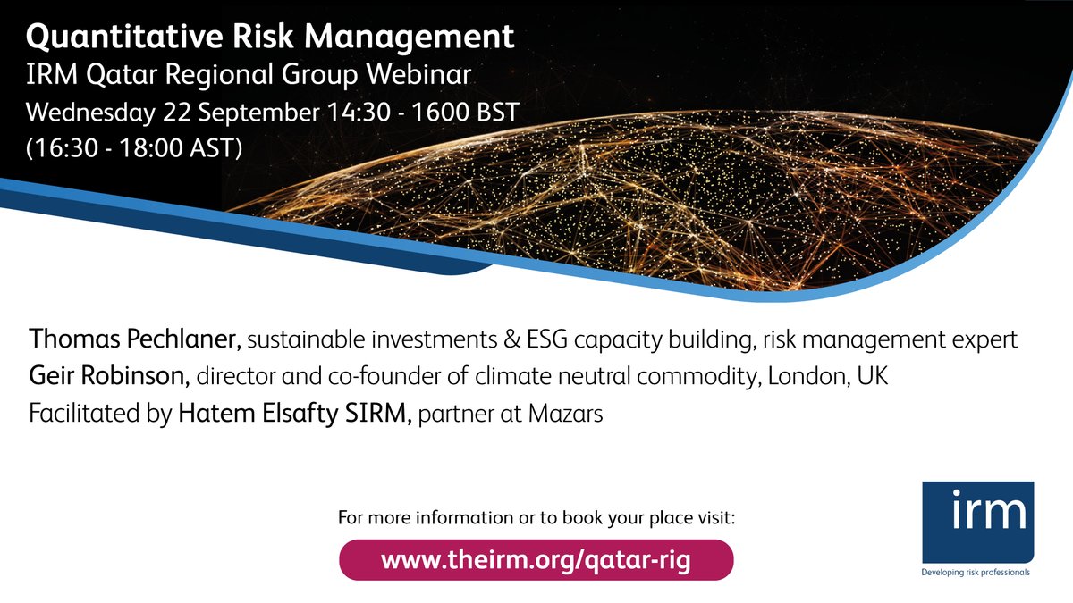 Do you know to communicate #risk to the board room using quantitative methods & techniques? This #Qatar RIG #webinar will answer the above & more in tomorrows session. #Riskmanagement #quantitativeriskmanagement #quantitativerisk

Register here: theirm.org/event-calendar…