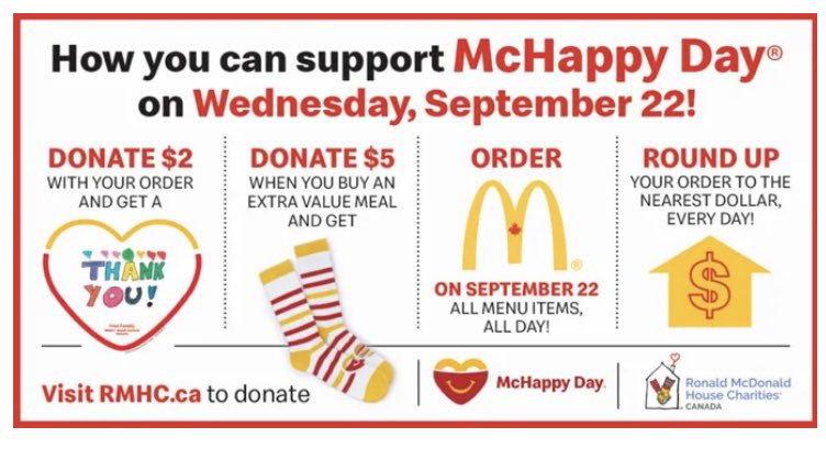 A reminder tomorrow is #McHappyDay. Consider making a small donation to support the wonderful work done by Ronald McDonald House Charities across Canada. #guelph -st