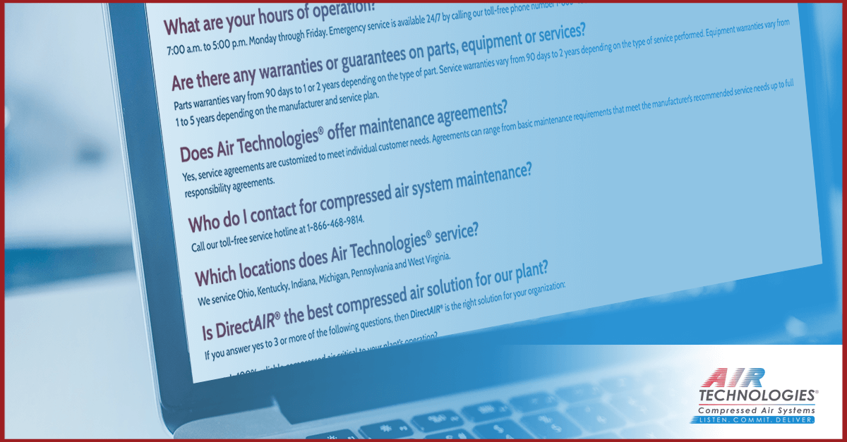 AirTechnologies's tweet photo. If you have questions, we have answers! Check out our FAQ page and receive clear answers regarding our compressed air systems maintenance and solutions:
https://t.co/CLRkOH22b0
#compressedair #airtechnologies #summer #beaththesummerheat #directair #compressedairequipment https://t.co/2WO9hNDhCX