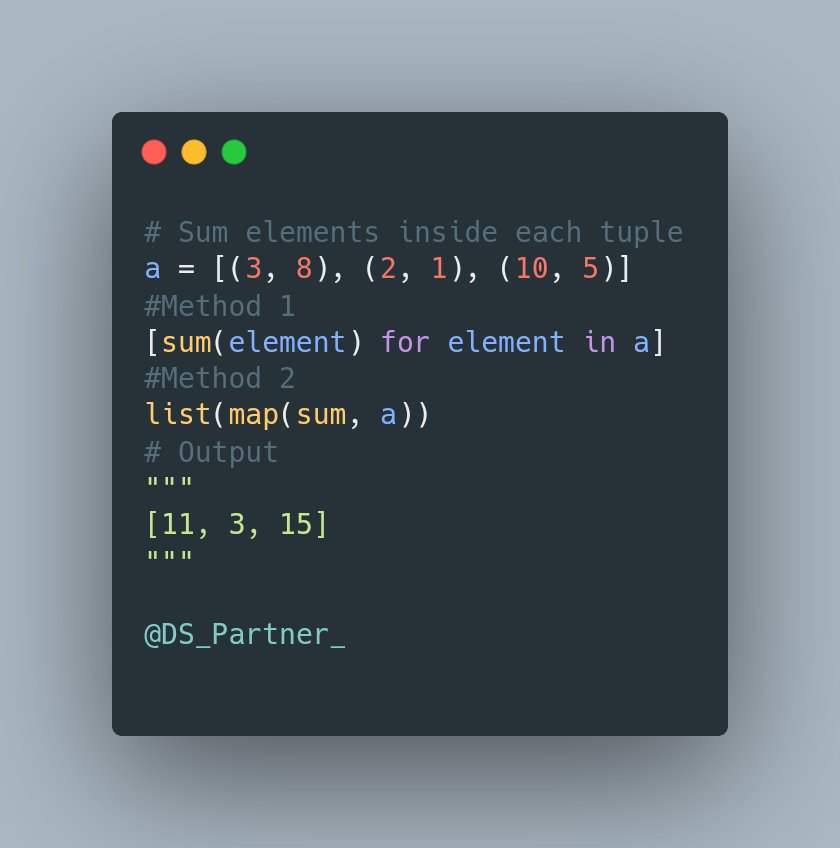 Data_Sciencepy's tweet image. If you need to make an operation in each element of a #Python list, you can use map of list comprehension, can you think on other way to make it done? 🧠👀
#Python_quiz #pythonprogramming
#DataScience #pythonlearning #MachineLearning #DataAnalytics
#pythonchallenge #pythoncode