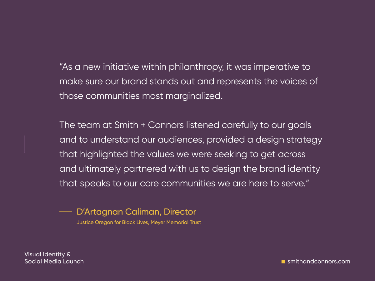 Our team partnered with <a href="/meyermt/">Meyer Memorial Trust</a> to design the visual identity and brand story for their largest initiative in history — Justice Oregon for Black Lives.

View the full project here: smithandconnors.com/projects/justi…

#JusticeOregonforBlackLives #Branding #SocialJustice
