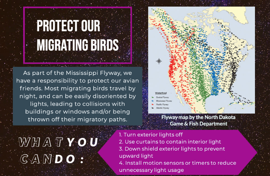 glaseducation's tweet photo. It is migration season on the Mississippi Flyway! Be sure to turn your lights off and help our migratory birds get where they're going safely. To learn more about the impacts on artificial light at night on migratory birds, please see the paper by Cabrera-Cruz et al. 2018 https://t.co/1hkkpnWajT
