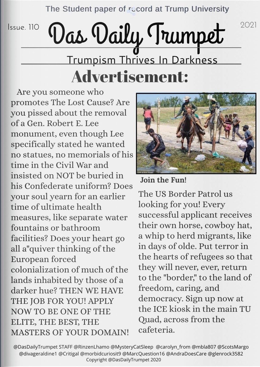 DasDailyTrumpet's tweet photo. DAS DAILY TRUMPET:
Your near-best nigh dependable news source, from the fine student journalists of Trump U! Follow us at @DasDailyTrumpet 

We, at DDT, rarely feel comfortable advertising something we can't get a kick back from, but such honest Christian work should be promoted. https://t.co/Xj0eqp7s2w