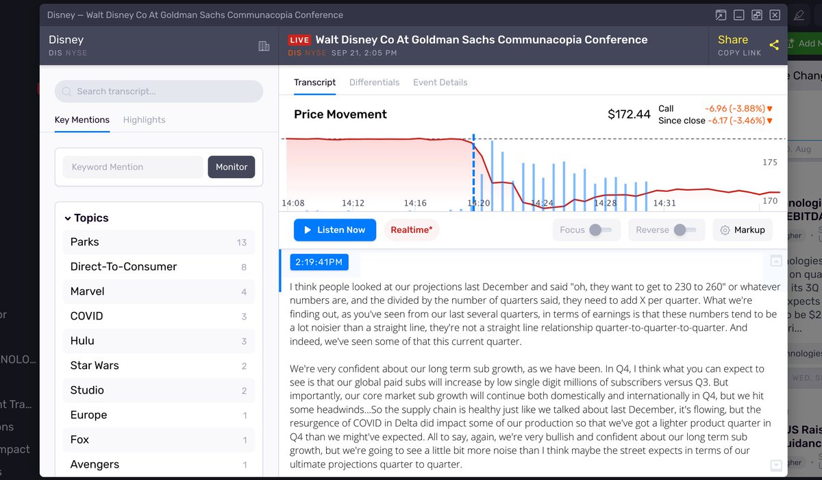 Aiera's tweet photo. $DIS stock dips after offering some cautionary comments about Disney+ subscriber growth figures at the $GS Goldman Sachs #Communacopia Conference.

See image below for more details 👇

Want to stream #Communacopia presentations in one place? Click here: https://t.co/dZaeDdlgdp https://t.co/SbC3EaL9x0